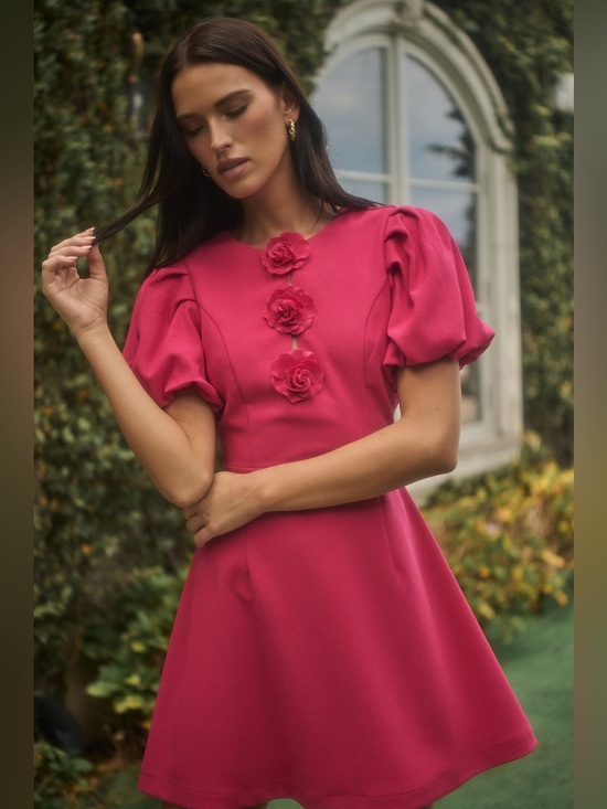 Sugarlips Dresses & Skirts - Sugarlips Zemira Rosette Bubble Sleeve Mini Dress Fuchsia Size Small NWT